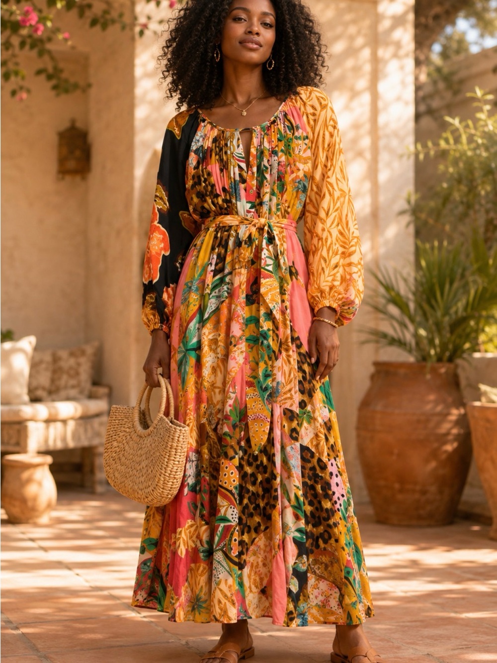 Anthropologie Geisha Designs Patchwork Boho Belted Maxi Dress XXS P2P 21’